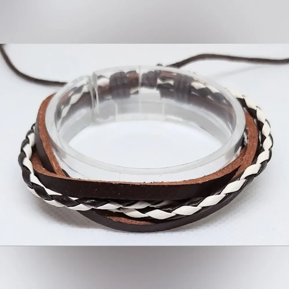 Men's bracelet leather braided layered brown‎ new e89